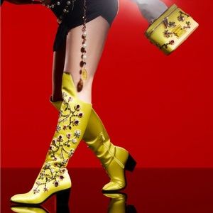 Christian Louboutin Morgan fleur crystal embellished yellow satin boots.